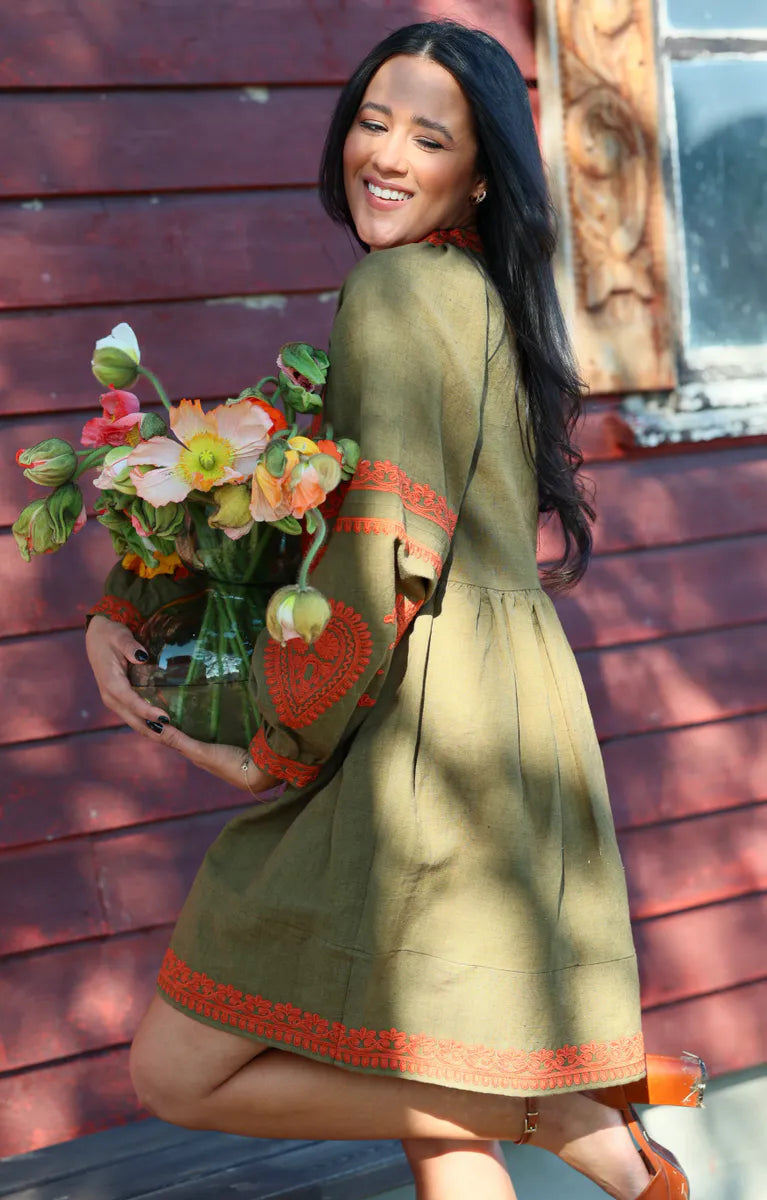 Aiyana Dress - Military Olive/Burnt Brick